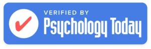 a verification badge from Psychology Today verifying the legitimacy of a psychotherapist