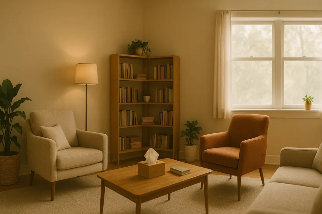 an empty therapy office in london ontario. The office has 2 comfortable chairs facing eachother in a warm lighting and bright sunlight shinning into the counselling room